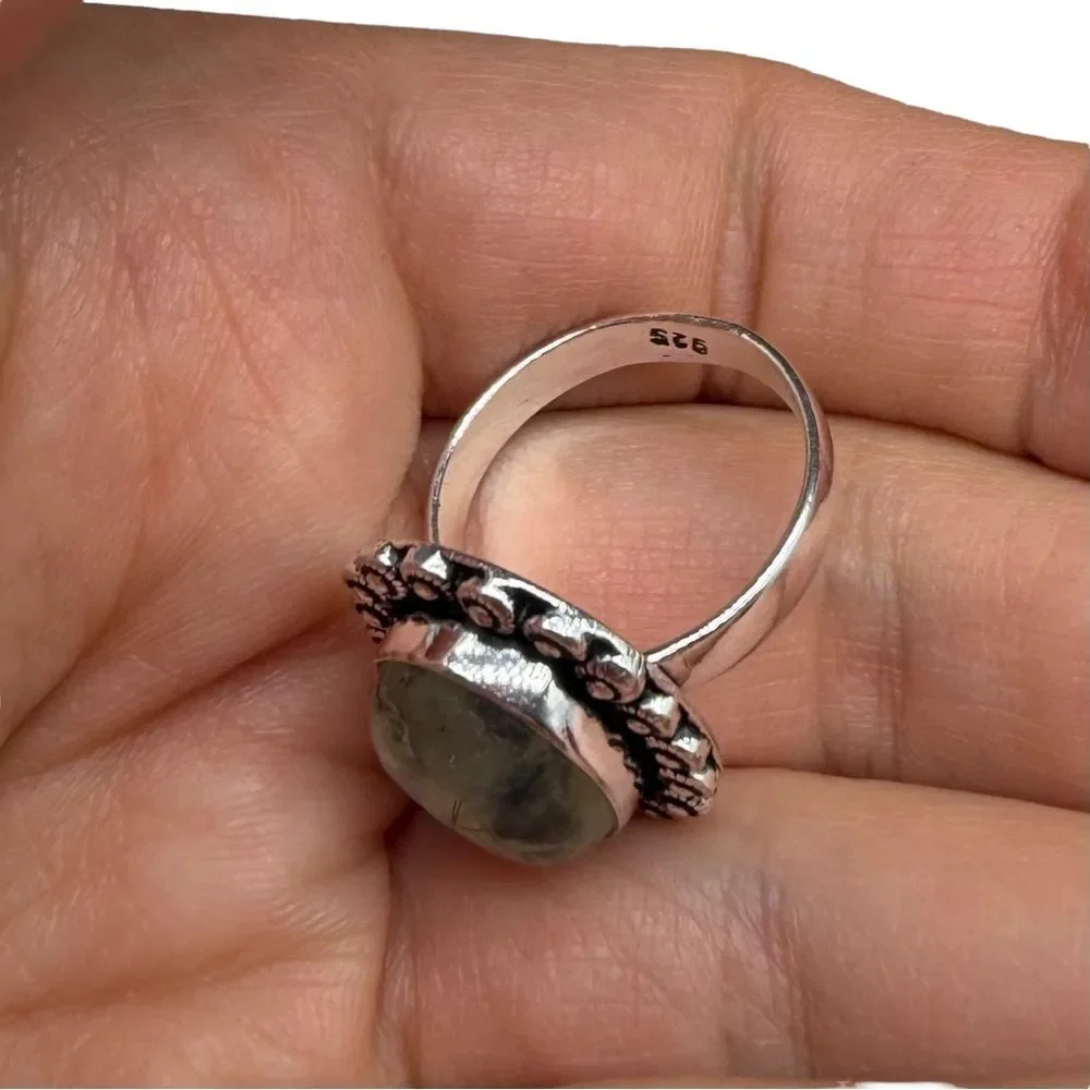 Moss Prehnite Ring Size 6.5 925 Sterling Silver Overlay Natural Stone Green
